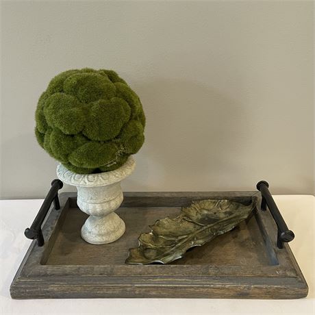 Artificial Potted Topiary, French Country Handled Tray w/ Leaf Trinket Tray