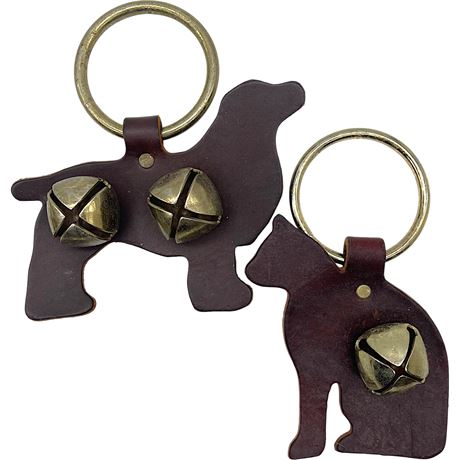 Vtg. Leather and Brass Standing Dog and Sitting Cat Door Knob Hangers with Bells