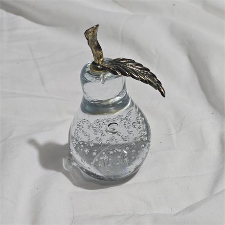 Bullicante Clear Art Glass Pear Paperweight Brass Leaf Stem Controlled Bubbles