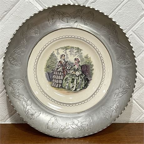 Vtg Farberware Hammered Aluminum w/ Victorian Scene China Insert Serving Tray