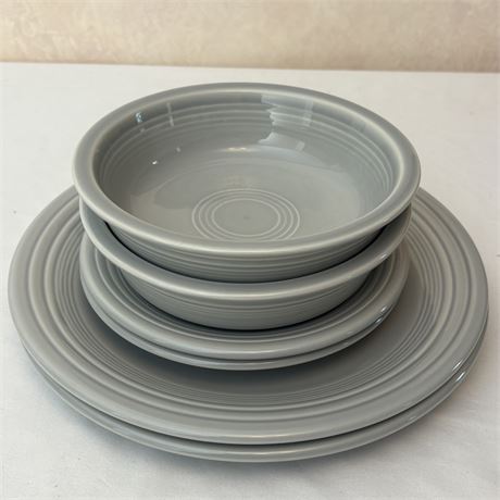 Setting for 2 Vtg Fiestaware Grey Dinnerplates, Salad Plates, and Fruit Bowls