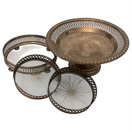 Sterling Silver Compote w/ Footed Coaster Ring and Plated Glass Coasters