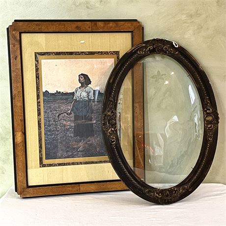 Jules Breton "Song of the Lark" Framed Print & Antique Bowed Glass Photos Frame