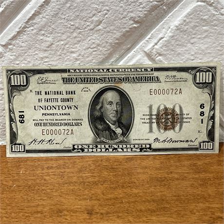 1929 Low Double Digit Serial $100 National Bank of Fayette County Pennsylvania