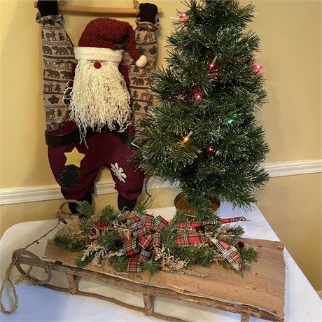 Christmas Farmhouse Decorative Lot with Hanging Sled, Santa and 32" Tree