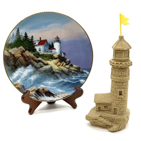 Danbury Mint "Bass Harbor Head Lighthouse" Plate w/ Mr. Sandman Sand Sculpture