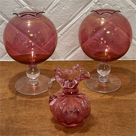 Pair of Vintage Cranberry Glass Ruffled Pedestal Vases w/ Ruffled Pitcher