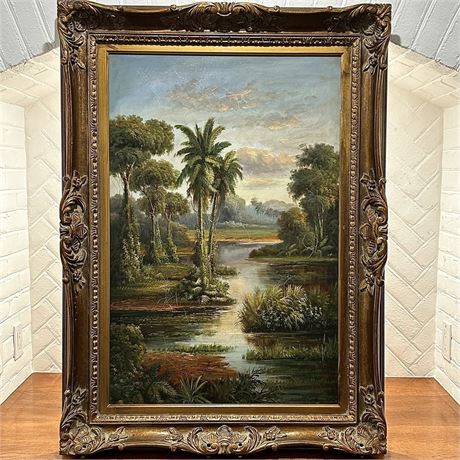 Framed Tropical River Scene Oil Painting