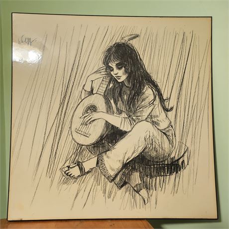 Vintage Black Crayon Sketch drawing of woman playing Mandolin