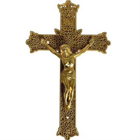 Vtg Gold Gilt Filigree Crucifix Cross Wall Hanging