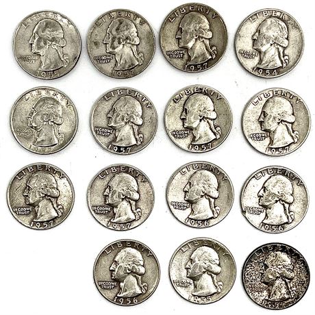 (15) 1954-1957 "Mainly D" Silver Quarter Coins