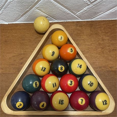Vintage Billiard Balls with Wooden Triangle