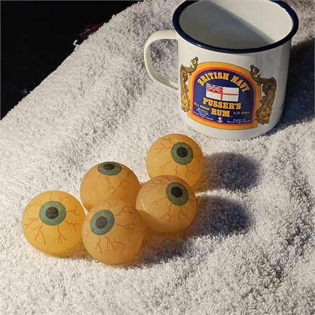 Vintage Pusser's British Navy Rum enamel tin mug Glow-in-the-dark bouncy eyeball