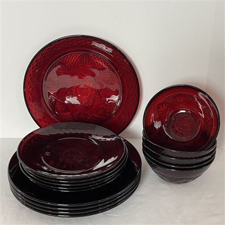 (15) Vintage Cristal D'arques Durand - Antique Ruby Red Glass Plates and Bowls