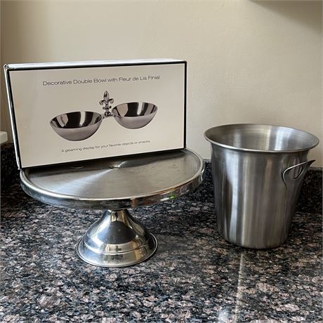 New Fleur De Lis Double Nut Bowl with Coordinated Ice Bucket and Cake Stand