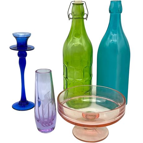 Colored Glass Bottles, Vase, Compote & Candle Holder