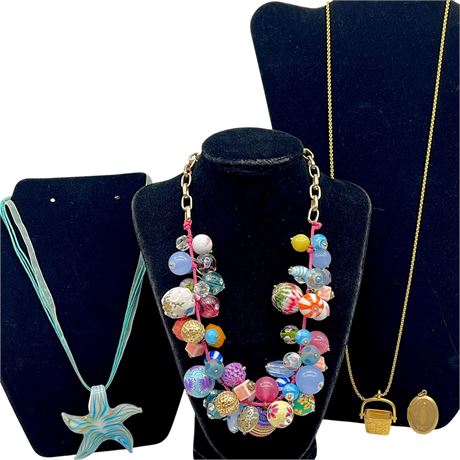 Murano Style Art Glass Starfish, Longaberger, & Muli-Beaded Necklaces, w/ Locket