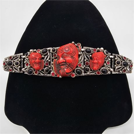 Vintage Signed Selro Large Panel Noh Mask Bracelet