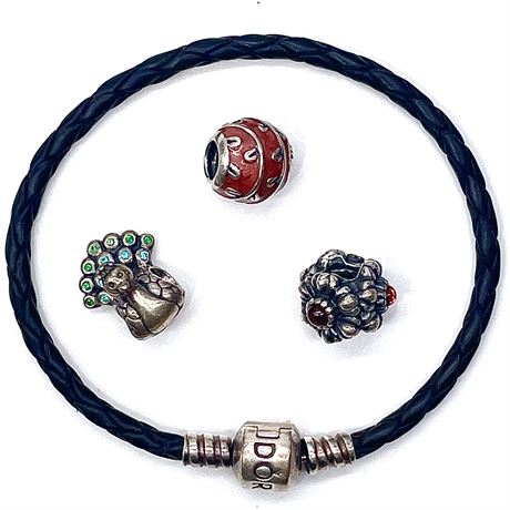 Pandora Leather Woven Bracelet with 925 Sterling Silver Charm Trio