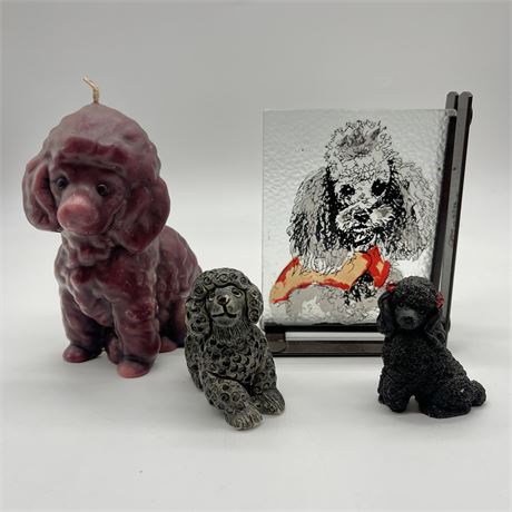 Poodle Pup Collection w/ Glass Panel Painting in Poodle Frame, Candle & Figurine