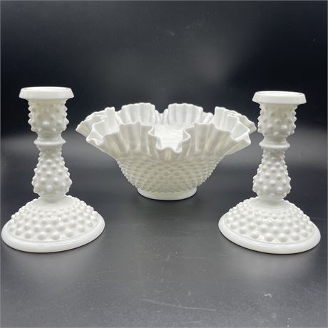 Vtg Hobnail Milk Glass Candlestick Holders & Ruffled Bowl