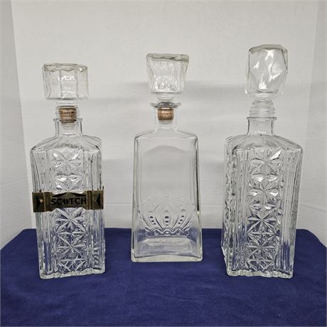Embossed Crown Whiskey Decanter & (2) Vintage Mid 80's Cut Glass Decanters