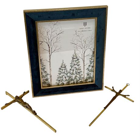 (2) 10" Brass Crucifix Hanging Crosses with 8x10 Velvet Frame