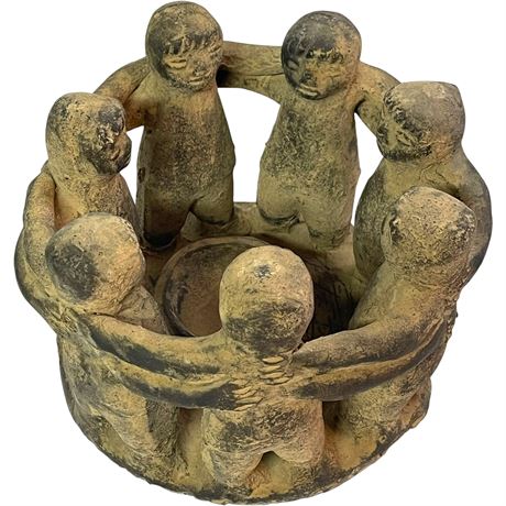 Mexican Folk Art Pottery "Circle of Friends" Candle Holder