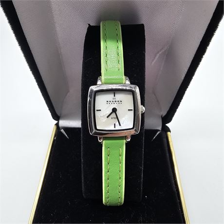Skagen Woman's Stainless Steel Watch, Tiny Square MOP Dial &Lime Leather Band