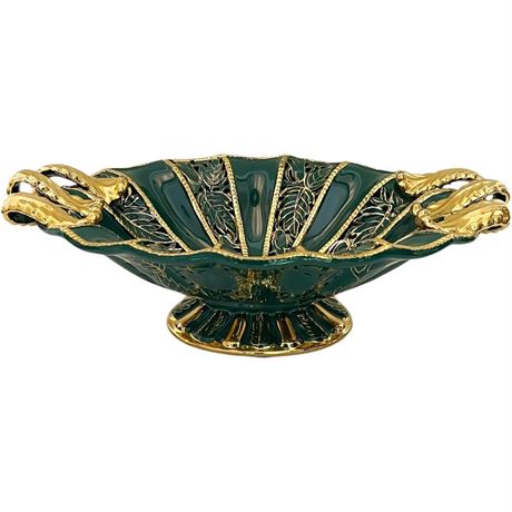 Vtg Dervta Italy Green and Gold Footed Centerpiece Dish with Unique Handles