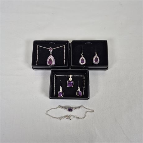 Avon Amethyst Colored Jewelry Sets-Teardrop Halo & Geometric Cushion Collections