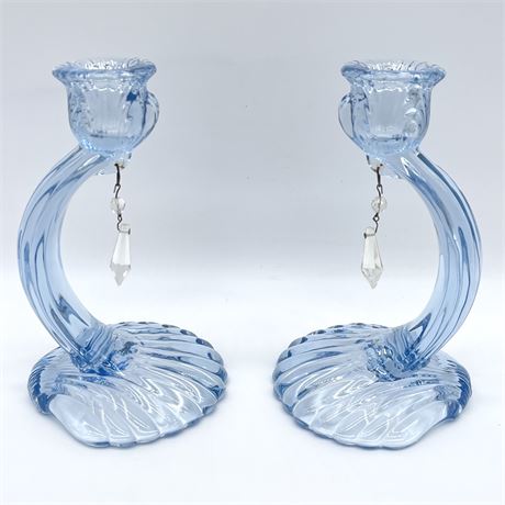 Pair of Cambridge Glass Caprice Blue Candlestick Holders