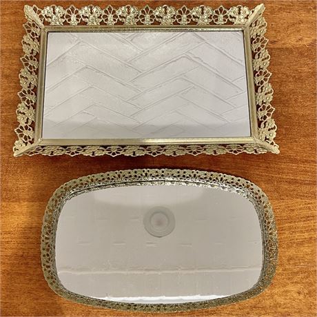 (2) Vtg Ornate Metal Mirrored Gold Toned Vanity Trays