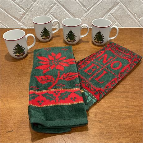 Set of 4 Cuthbertson Christmas Mugs with a Pair of Coordinated Hand Towels