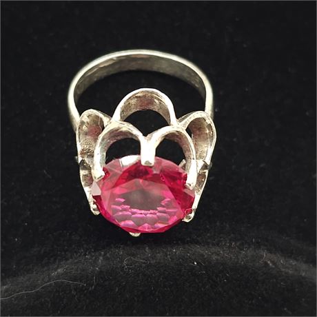 925 Sterling Silver Pink Paste Glass Stone Flower Ring