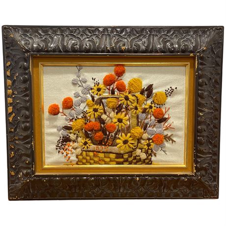 Vtg Crewel Embroidered Fall Bouquet Wall Hanging