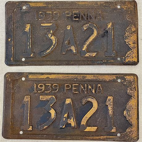 1939 Pennsylvania "13A21" License Plate Pair