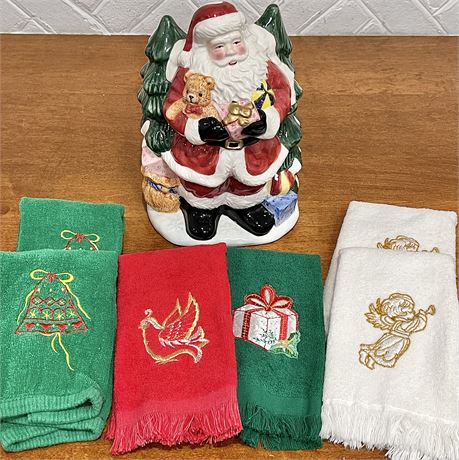Ceramic Santa Claus Cookie Jar & Vtg Embroidered Hand Towels