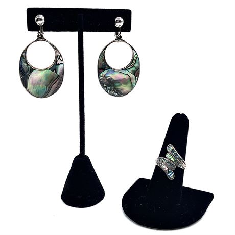 Sterling Silver Abalone size 8 Ring with Drop Earrings