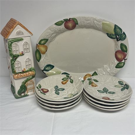 Ceramic Fruit Embossed Serving Platter and Plates with Pasta Canister