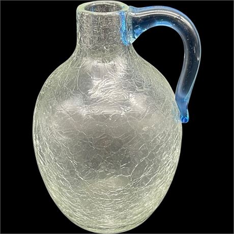 '50s Blenko Blown Crackle Glass Blue Handled Jug