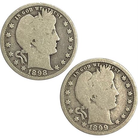 1898 & 1899  Barber Quarter Dollar 90% Silver Coins