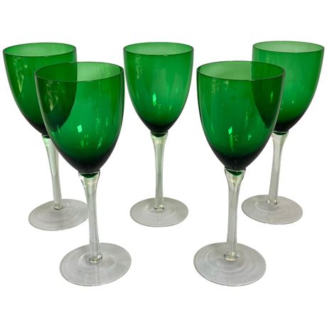 (5) Emerald Green Hand-Blown Stemmed Wine Glasses