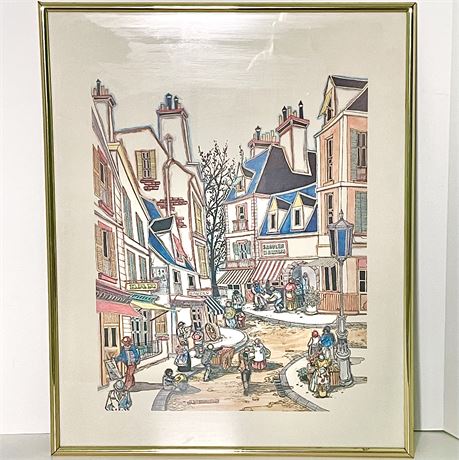 Signed J. Dumas Village Scene Framed Lithograph