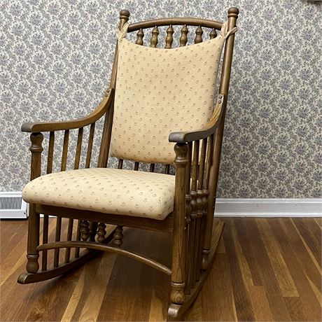 Mid Century Virginia House Solid Oak Upholstered Spindle Rocking Chair