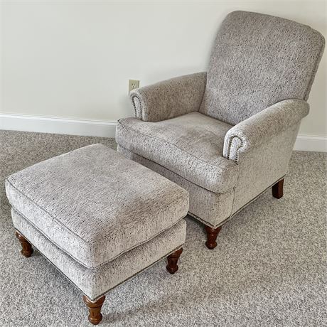 Flextsteel Flemington Chair and Ottoman w/ Nail Head Trim Heathered Gray Fabric