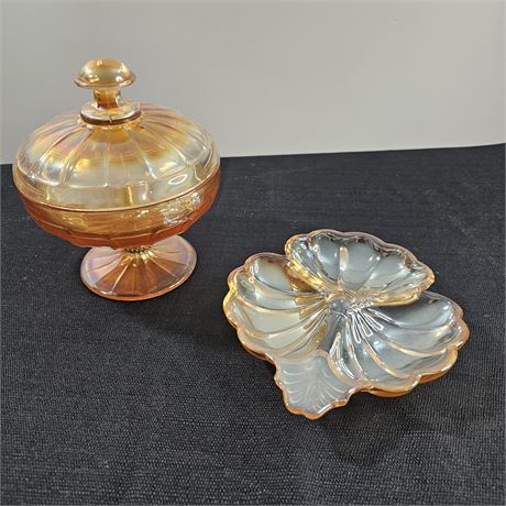 Imperial Glass Marigold Iridescent Paneled Pedestal Lidded Dish & Clover Dish