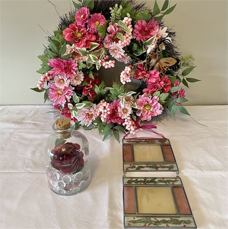 Faux Floral Wreath w/ Stained Glass Suncatcher & Decorative Jar