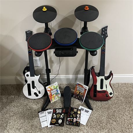Wii Guitar Hero and Band Hero Games, Guitars, Drum Set, and Mics