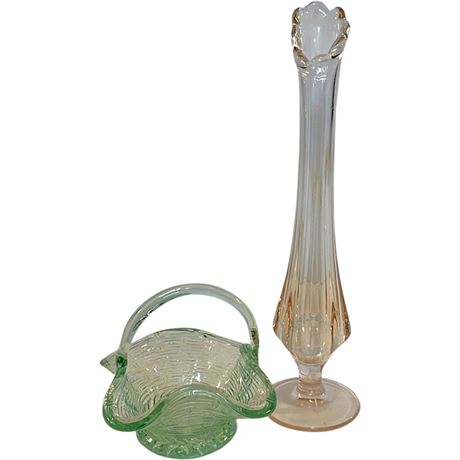 Ping Swung Glass Footed Bud Vase and Small Depression Glass Weave Pattern Basket